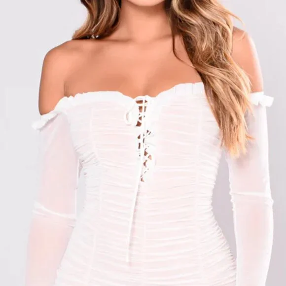 Fashion Nova Maura Mesh White Ruched Tie Front Off Shoulder Long Sleeve Dress - Picture 5 of 7
